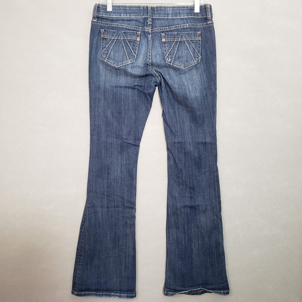 Arden B Womens 8 Flare Jeans Dark Wash Distressed Ripped Low Rise Y2K Denim VTG
